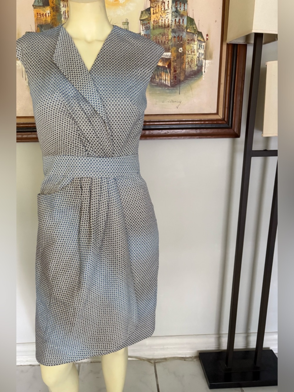 Lela Rose Blue-Gray Silk Sleeveless Draped Sheath Dress size 4